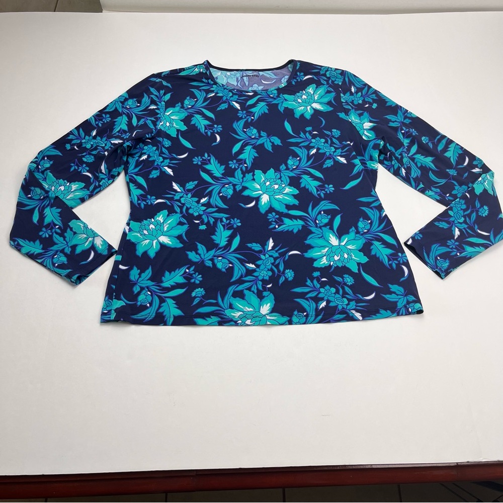 Lands' End Womens Size Medium Petite Blue Floral Stretch Long Sleeve *TINY FLAW